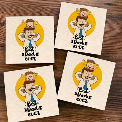 Dad Coaster for Father's Day – Wooden Square Cartoon Design