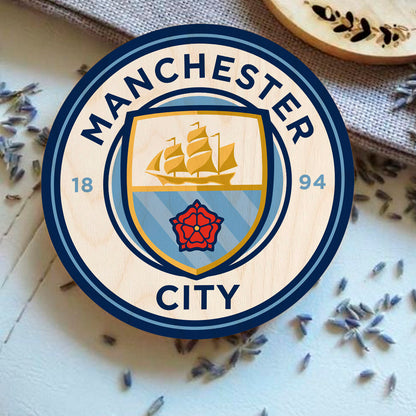 Manchester City Coaster Set in Wood with Round Football Crest
