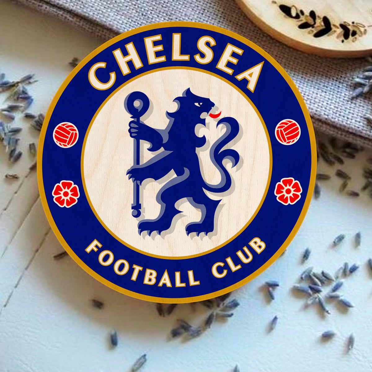 Chelsea Wooden Coaster Set – Round Blue Crest Set of 4