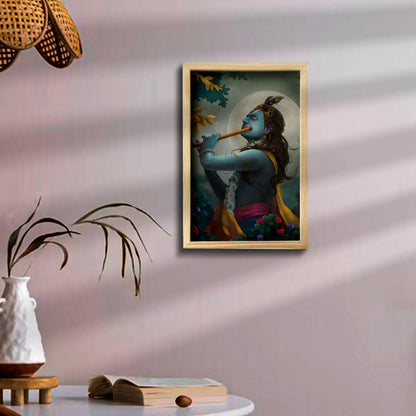 Krishna Wooden Frame Wall Art with Pine Border Devotional Design