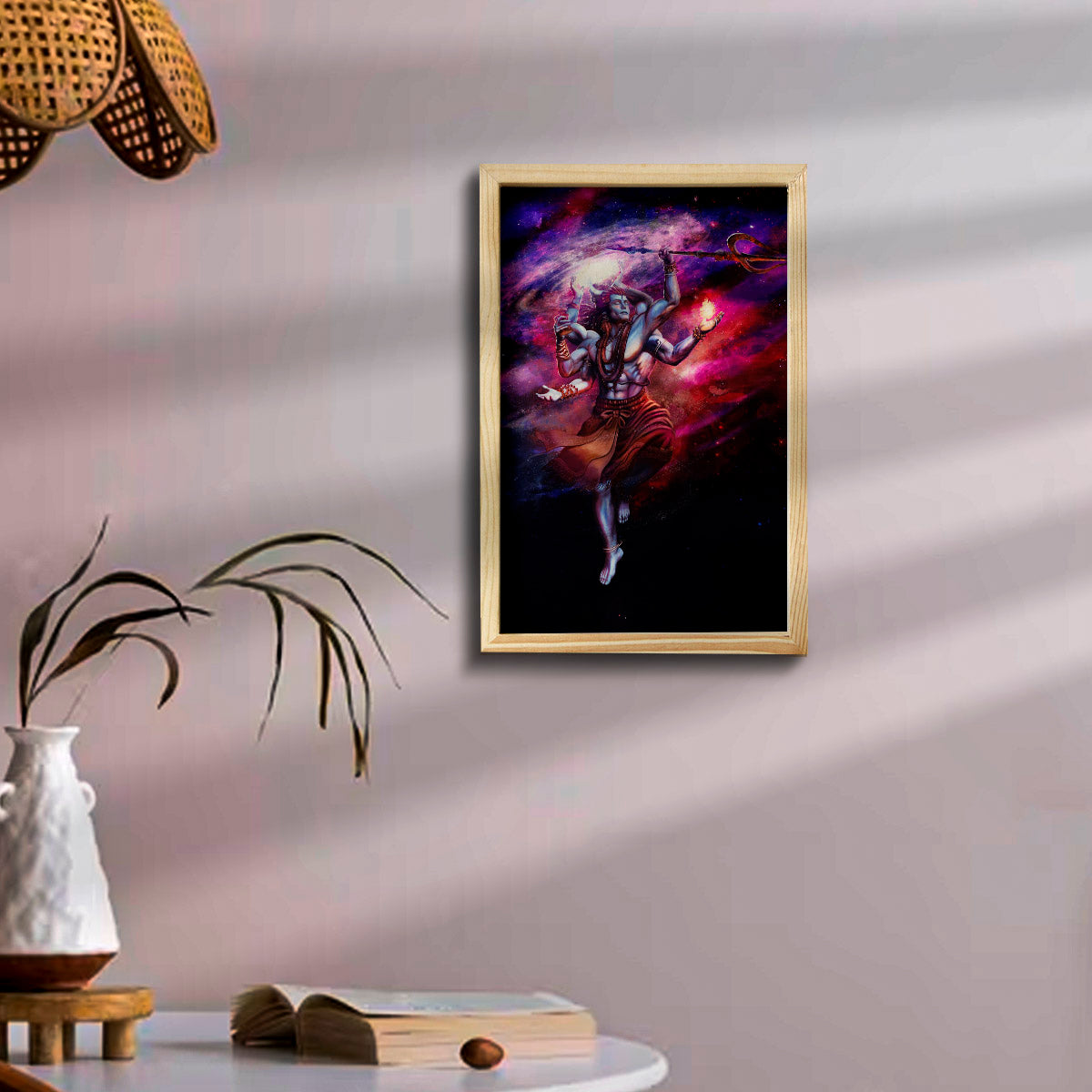 Shiva Wooden Frame Wall Art with Pine Border Devotional Design