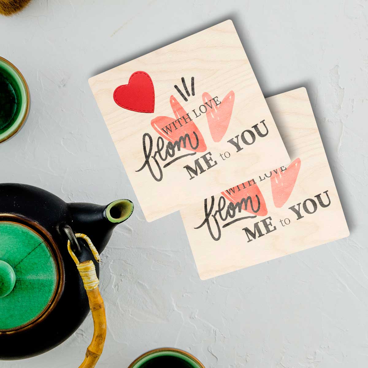 Love wooden coaster – square birch coaster with red applique heart and the typographic quote 'With Love From Me to You'