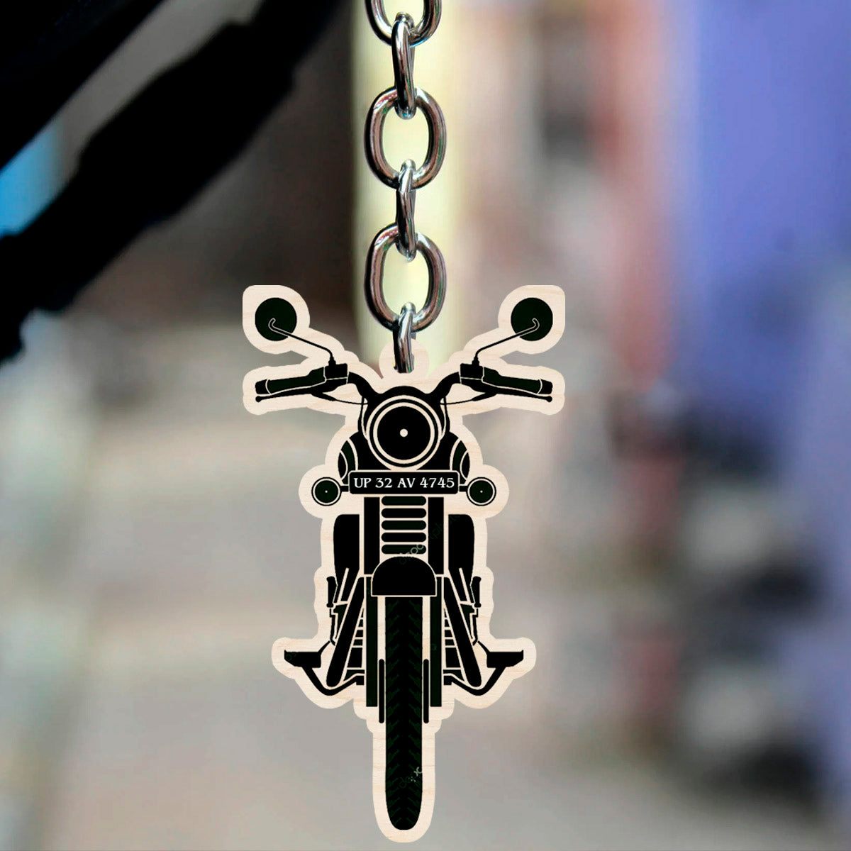 Alternate angle on the bike keychain royal enfield, showing bullet silhouette cutout with real custom number-plate slot.