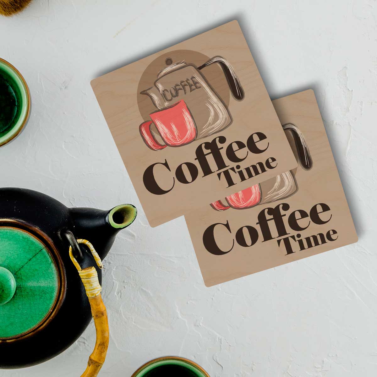 Coffee Time wooden coaster – square birch coaster with red coffee mug, kettle illustration and bold 'Coffee Time' quote
