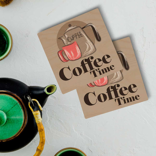 Coffee Time wooden coaster – square birch coaster with red coffee mug, kettle illustration and bold 'Coffee Time' quote