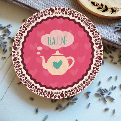 Tea Coaster Set in Wood with Round Quote Design for Tea Lovers