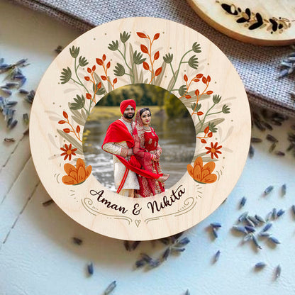 Couple Coaster Set in Wood – Round Photo with Names