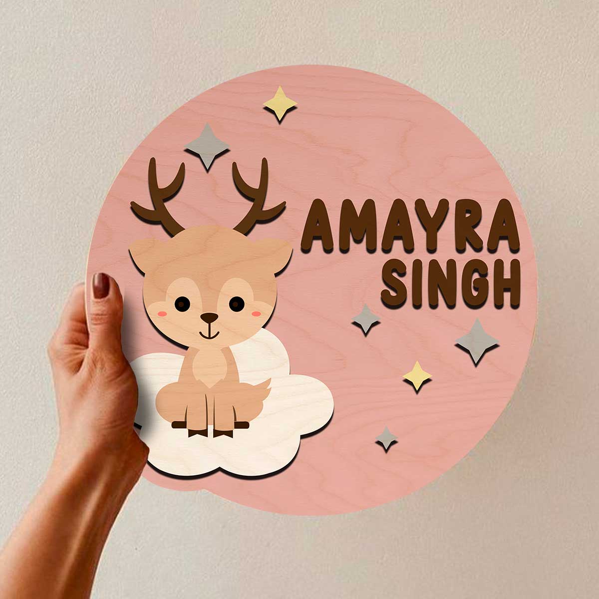 Deer name plate for kids – round pink birch with cute deer on cloud, stars and brown 3D name