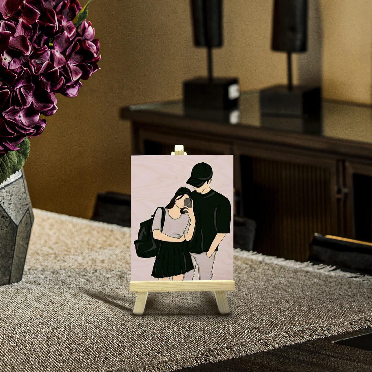 Vector Drawing Wood Print with Personalized Couple Illustration