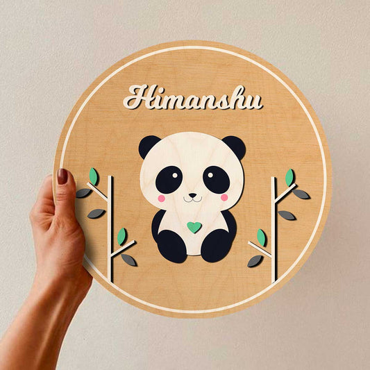 panda theme name plate for kids room – 3D acrylic letters birch wood 12x12
