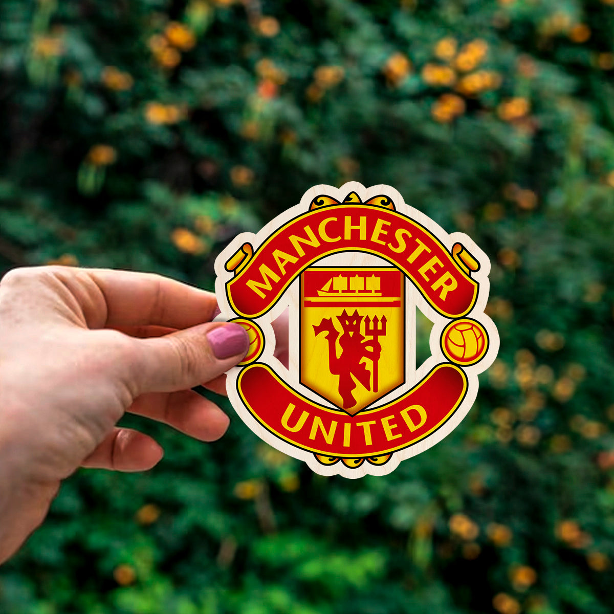 Detail crop of the manchester united fridge magnet, with red devil + trident inside yellow shield with scroll banners.