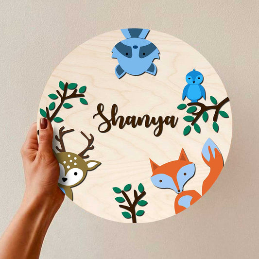 kids name plate design bedroom – safari animal theme printed birch wood 12x12
