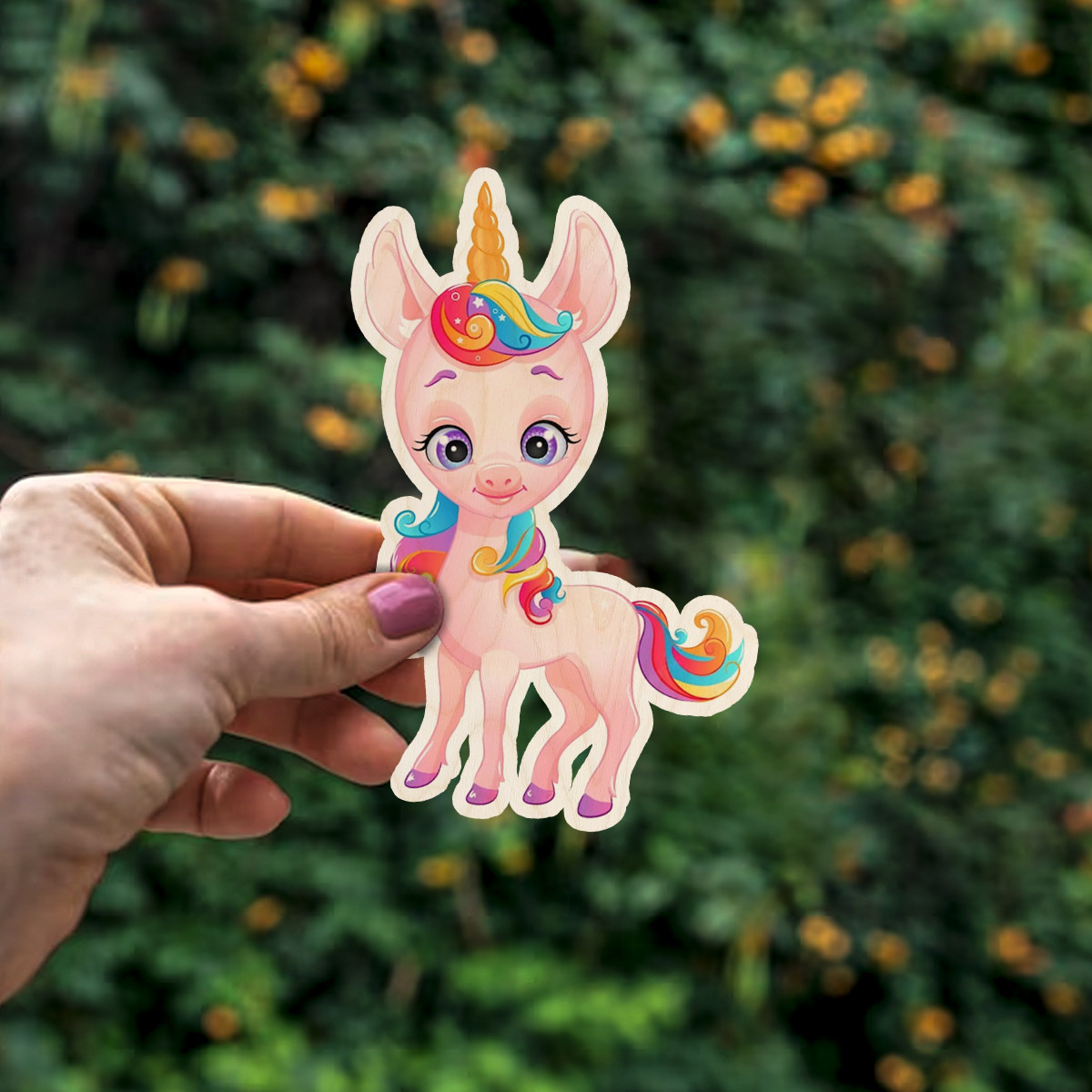 Detail crop of the kids fridge magnet, with cartoon unicorn silhouette with rainbow mane and tail, on birch wood face.