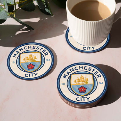 Manchester City Coaster Set in Wood with Round Football Crest