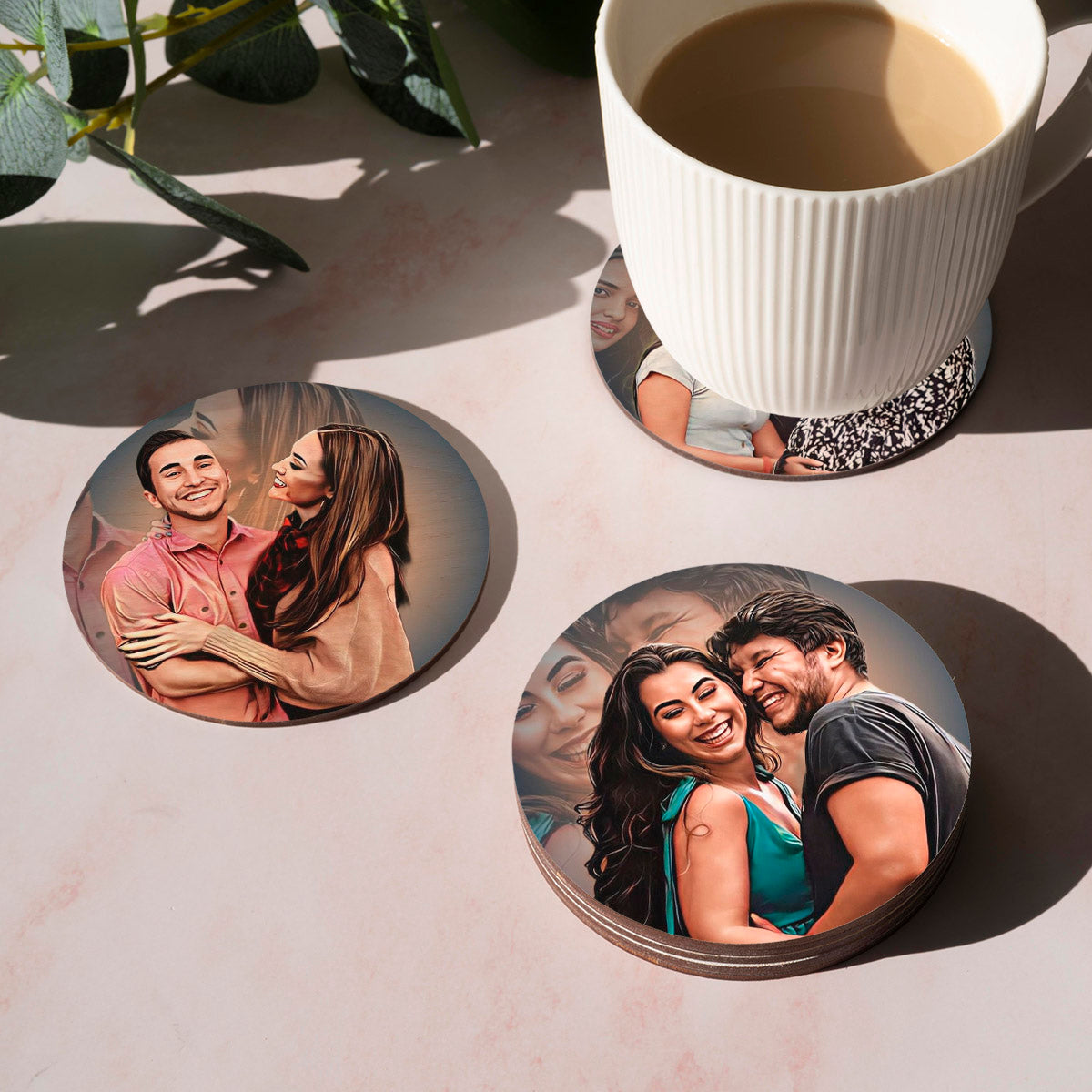 Couple Photo Coaster Set of 2 – Round Wood with Names