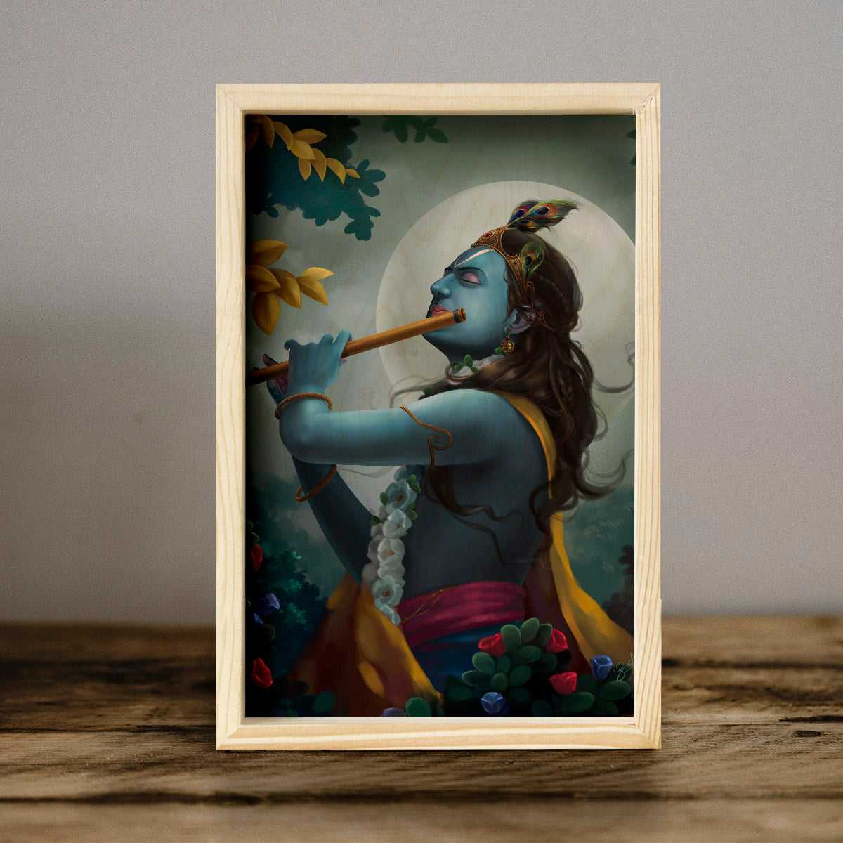 Krishna Wooden Frame Wall Art with Pine Border Devotional Design