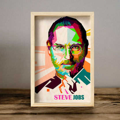 Steve Jobs Wooden Frame Wall Art with Colourful Pine Portrait