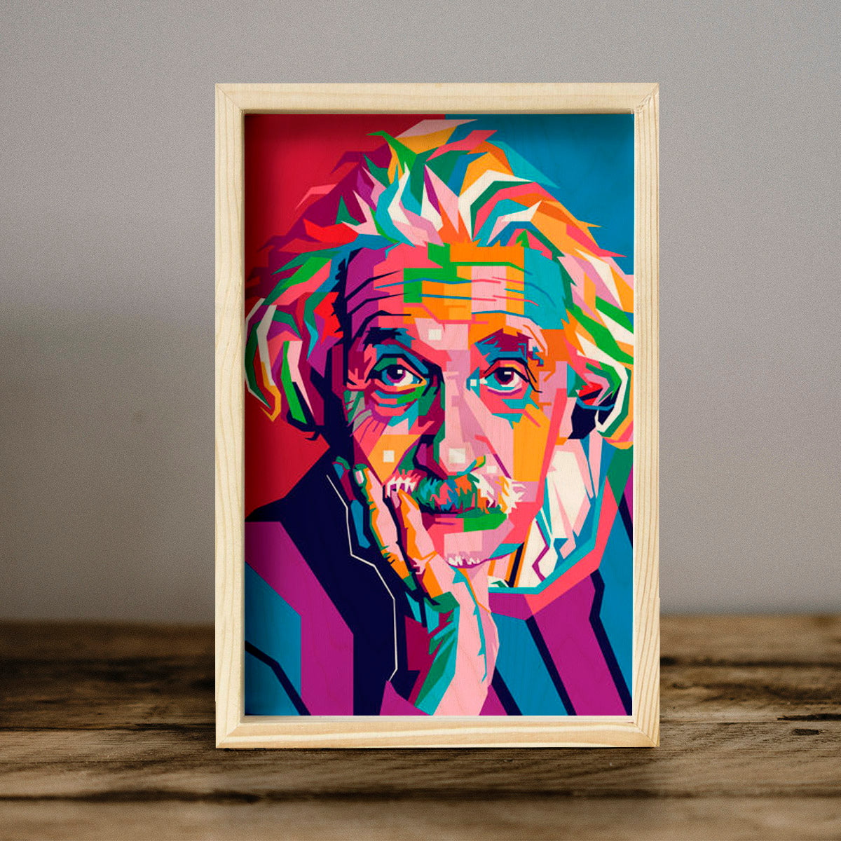 Einstein Wooden Frame Wall Art – Colourful Pine Portrait