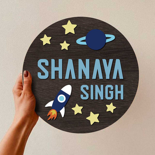 space theme kids name plate design – square birch wood with astronaut rocket and planets