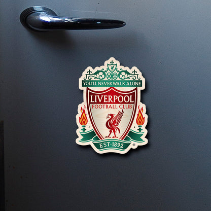 On-fridge lifestyle shot of the liverpool fridge magnet, showing full ornate Liverpool crest with YNWA.