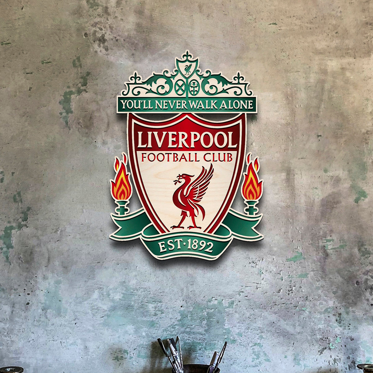 Liverpool Wall Crest in Wood with Cut-Out Football Fan Art