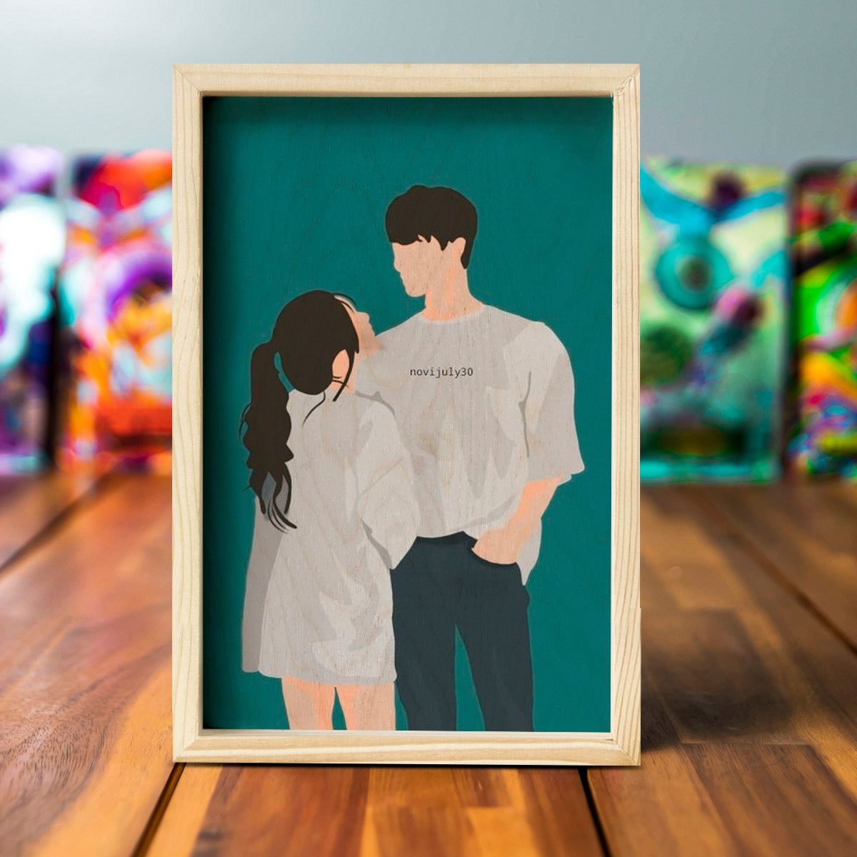 Vector Portrait Pine Frame in Wood with Personalized Couple Art