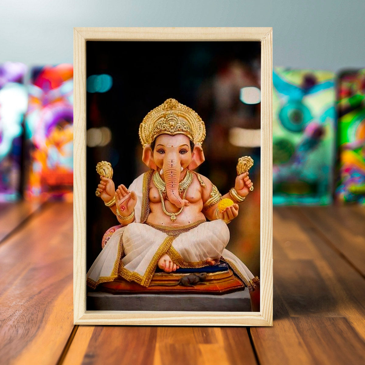 Ganesh Wooden Frame Wall Art – Pine Border in 3D