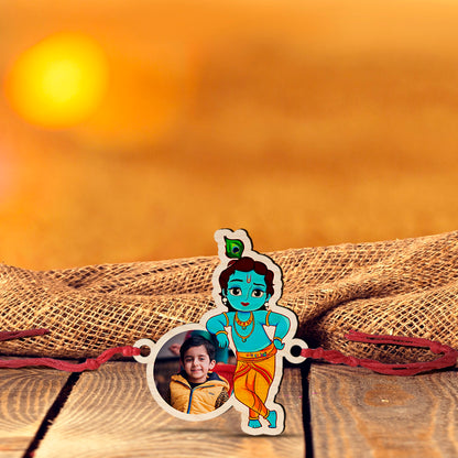 Personalised Krishna Photo Wooden Rakhi for Brother – detail view of spiritual photo design