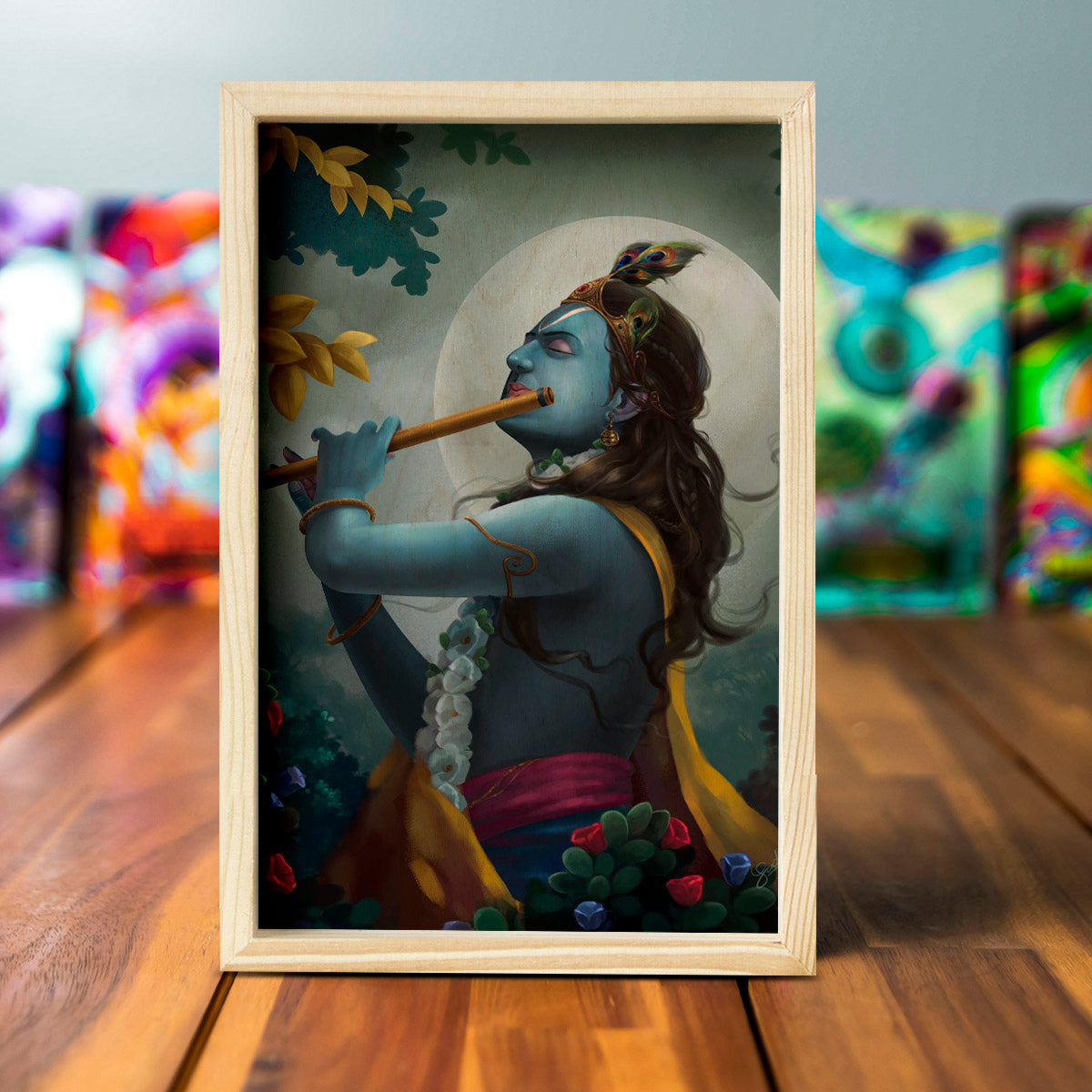 Krishna Wooden Frame Wall Art with Pine Border Devotional Design