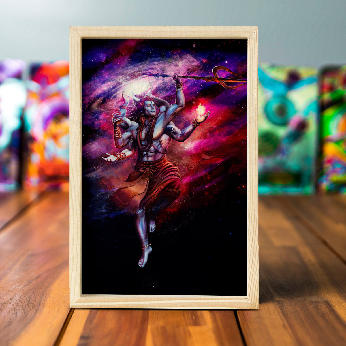 Shiva Wooden Frame Wall Art with Pine Border Devotional Design