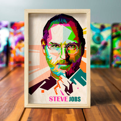Steve Jobs Wooden Frame Wall Art with Colourful Pine Portrait