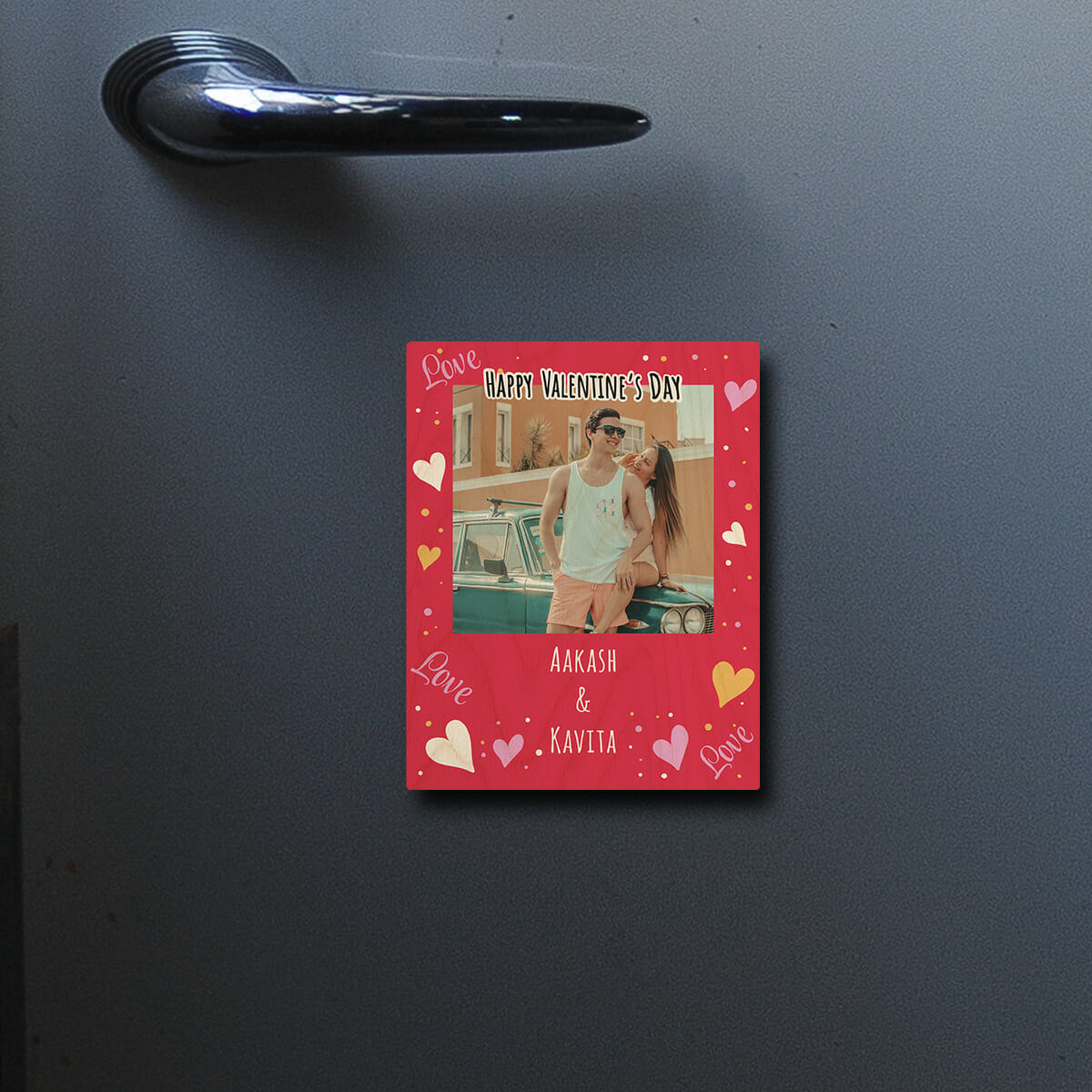 On-fridge lifestyle shot of the couple fridge magnet.