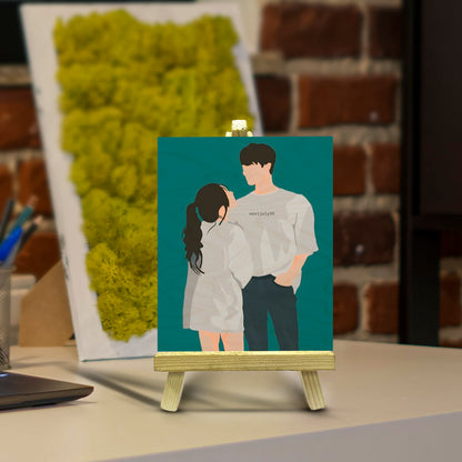Vector Drawing Wood Print with Personalized Couple Illustration