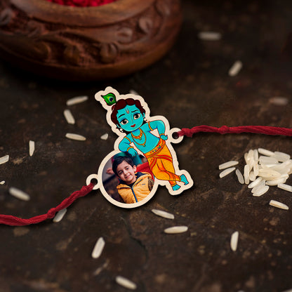 Personalised Krishna Photo Wooden Rakhi for Brother – lifestyle shot on wrist