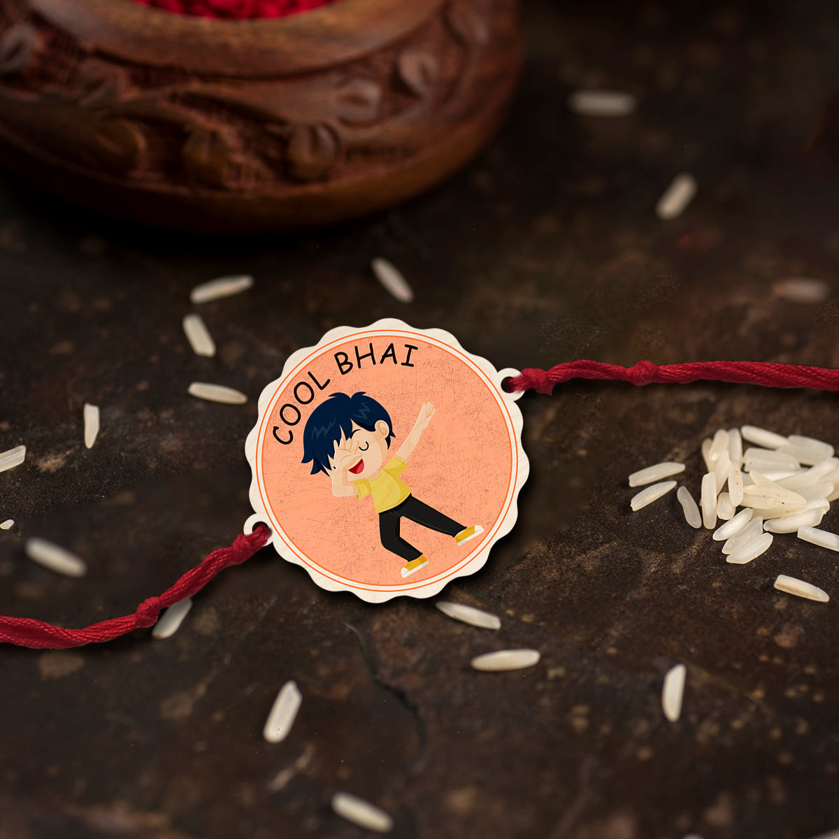 Personalised Cool Bhai Wooden Rakhi for Brother – lifestyle shot on wrist