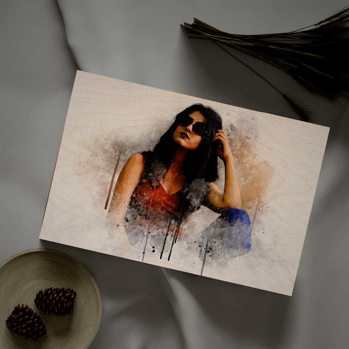 Watercolor Portrait Wall Art on Wood with Personalized Photo Design
