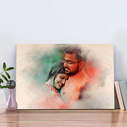 Watercolor couple portrait wood print – rectangular birch wood panel with a hand-styled watercolour painting of a couple