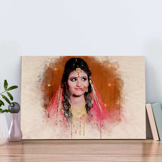Watercolor portrait wood print – rectangular birch wood panel printed with a single-person watercolour-style portrait