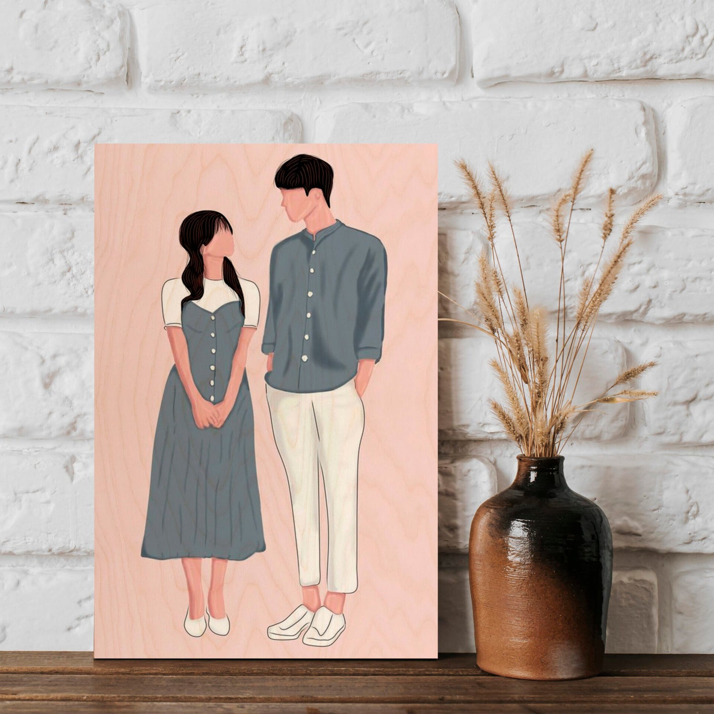 Vector portrait wood print – rectangular birch wood panel printed with a vector-style portrait of a couple, 12x18 inches