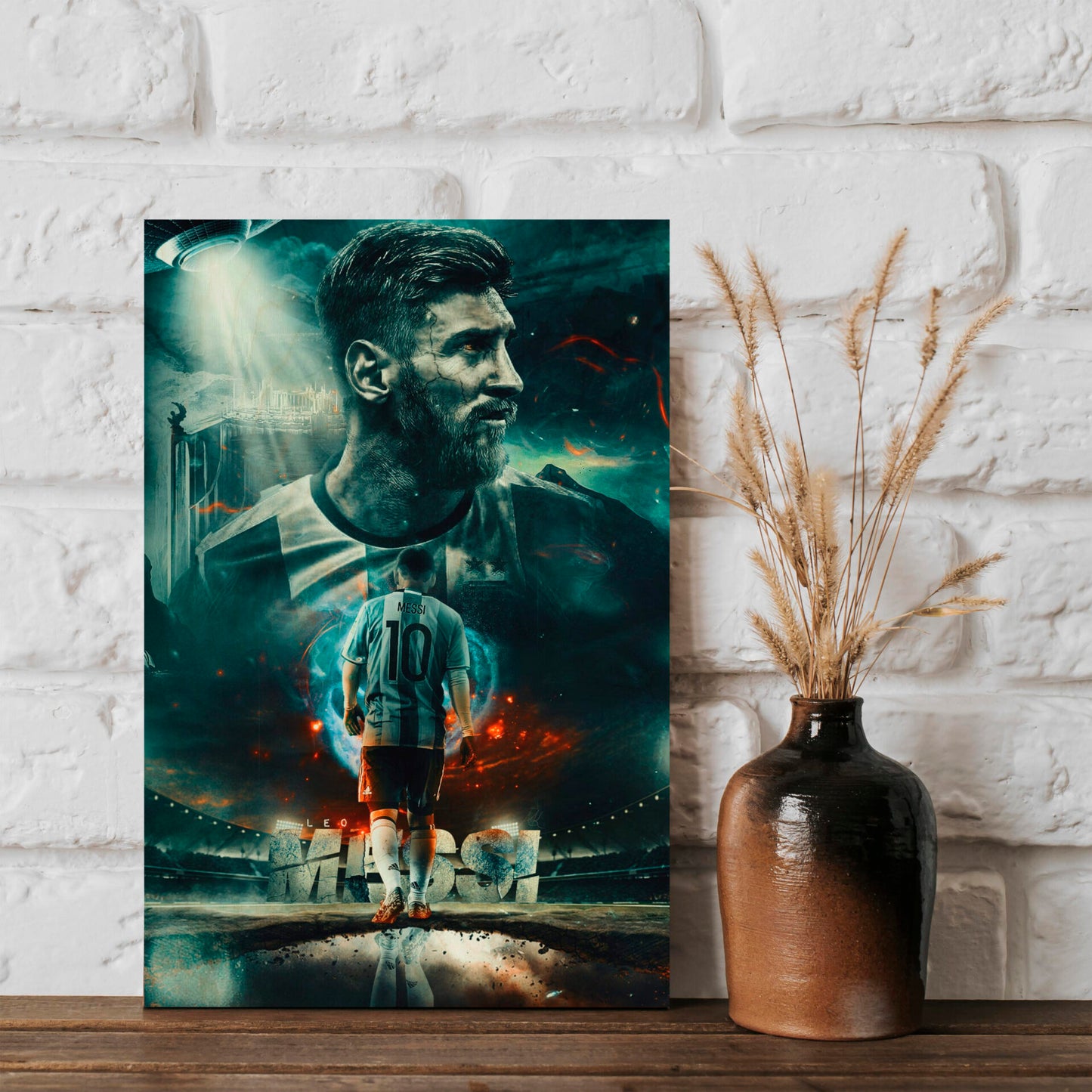 Messi Wood Print with Argentina Football Fan Portrait Design