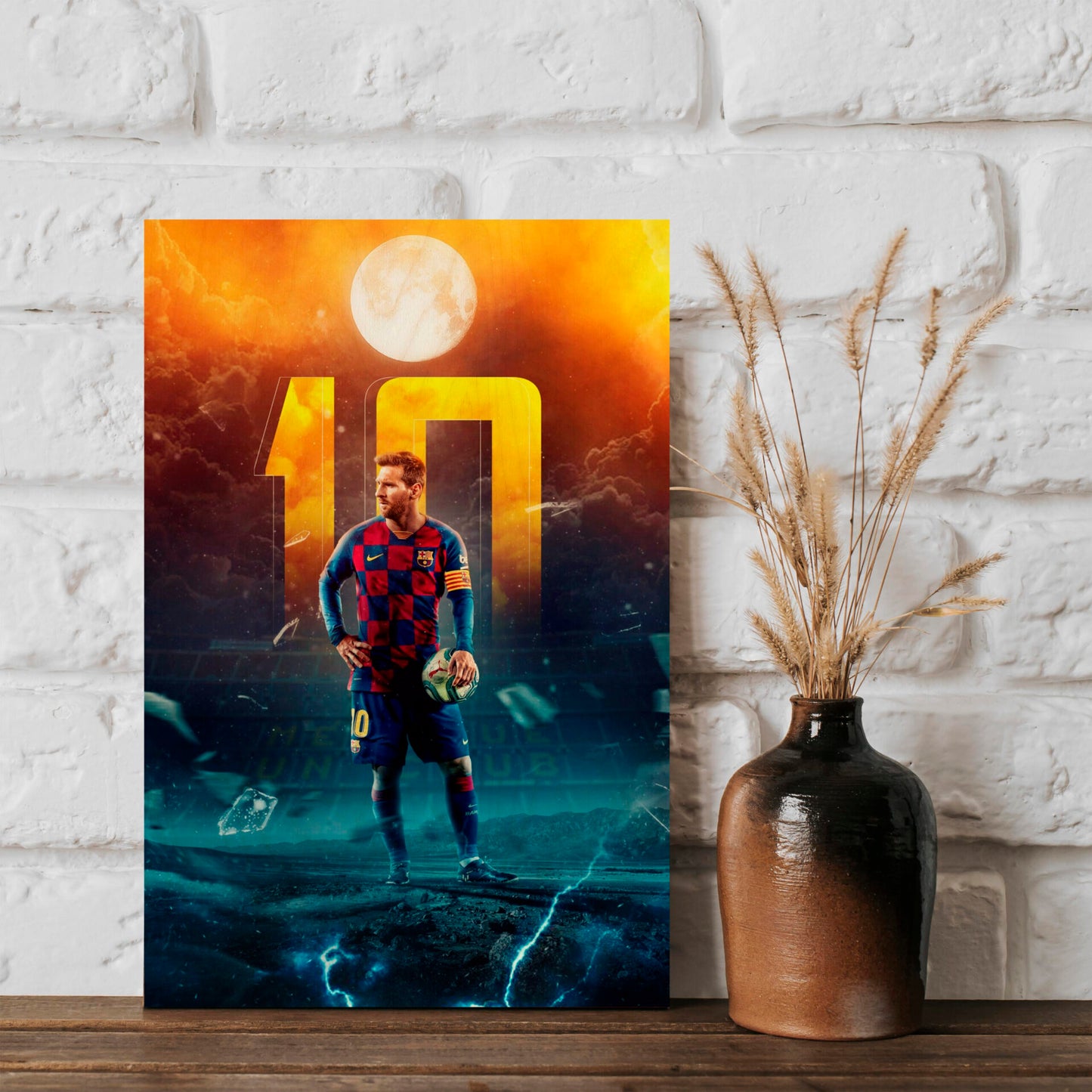 Messi Wood Print with Colourful Barcelona Football Fan Portrait