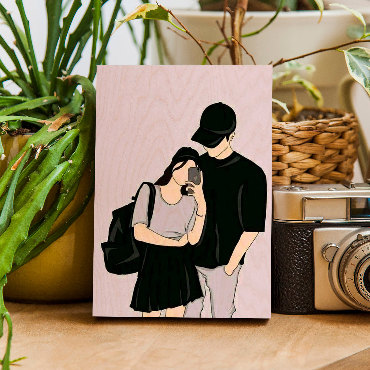 Vector Portrait Wood Print with Personalized Couple Photo Art