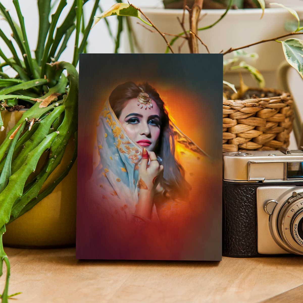 Personalized portrait painting wood print – rectangular birch wood panel with a stylised painted portrait of a woman in traditional attire