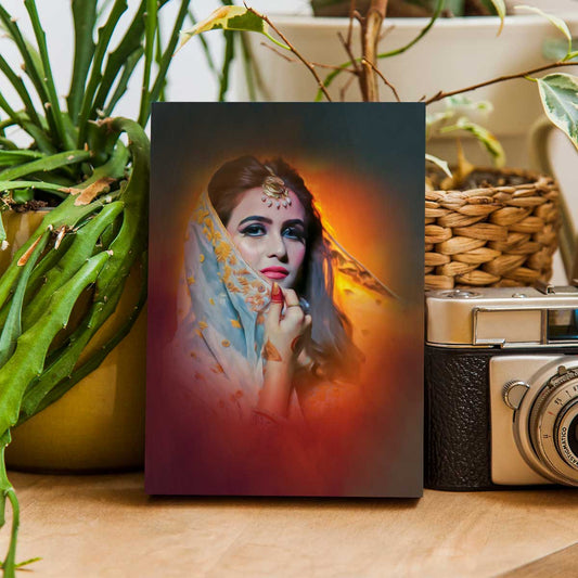 Personalized portrait painting wood print – rectangular birch wood panel with a stylised painted portrait of a woman in traditional attire