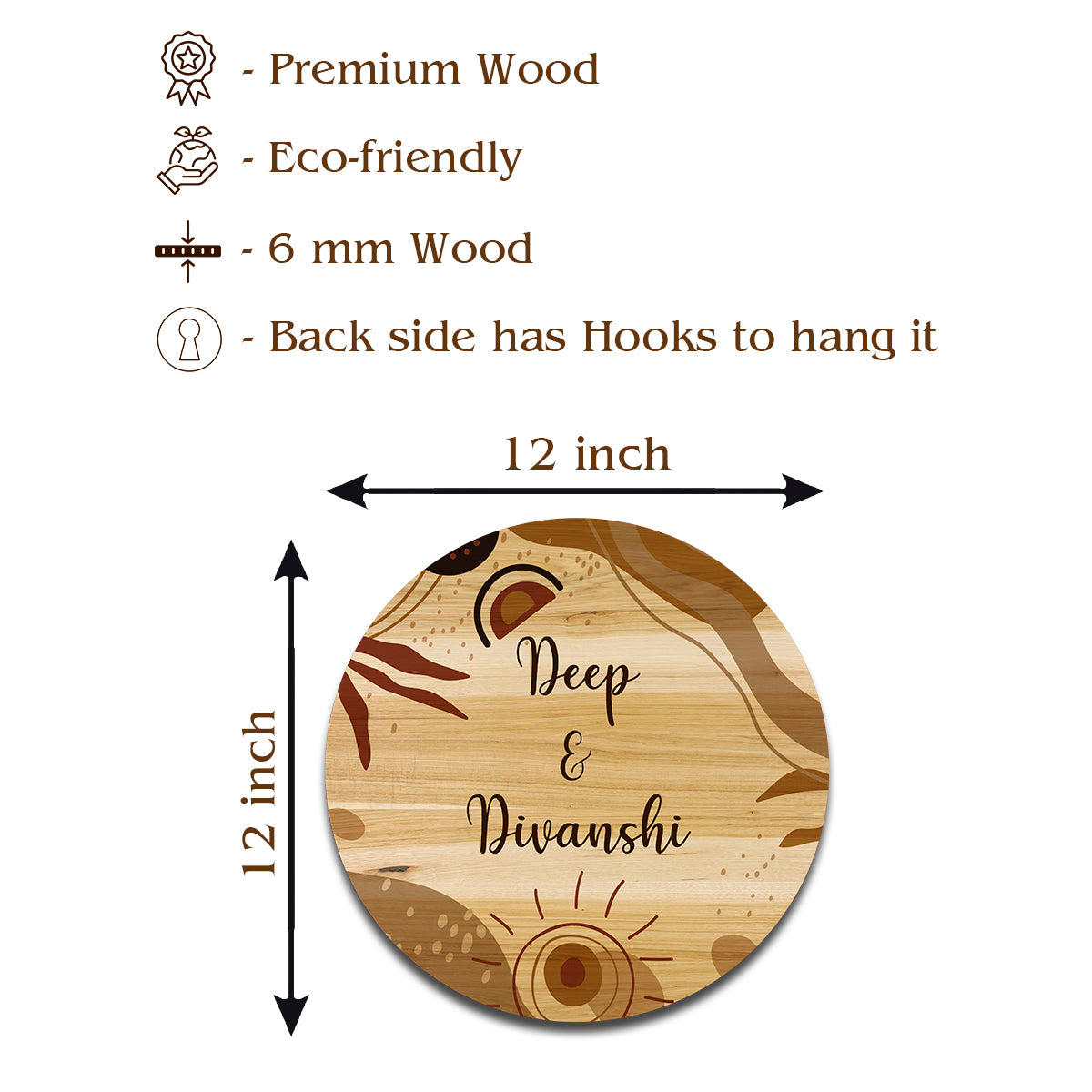 Size guide for 12x12 inch round couple name plate for home on birch