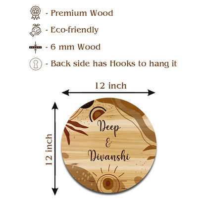 Size guide for 12x12 inch round couple name plate for home on birch