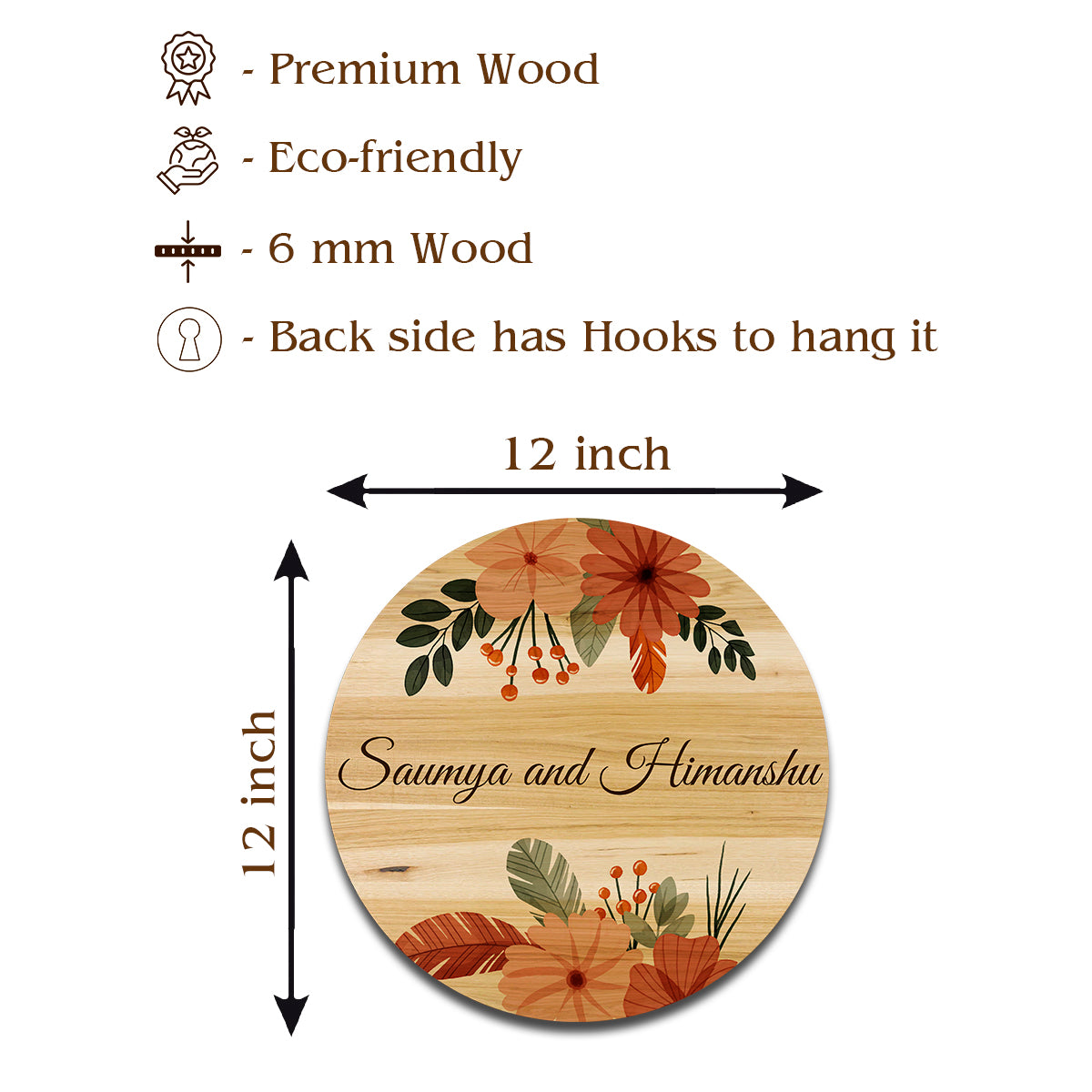 Size guide showing the 12x12 inch round boho wooden name plate for a main door