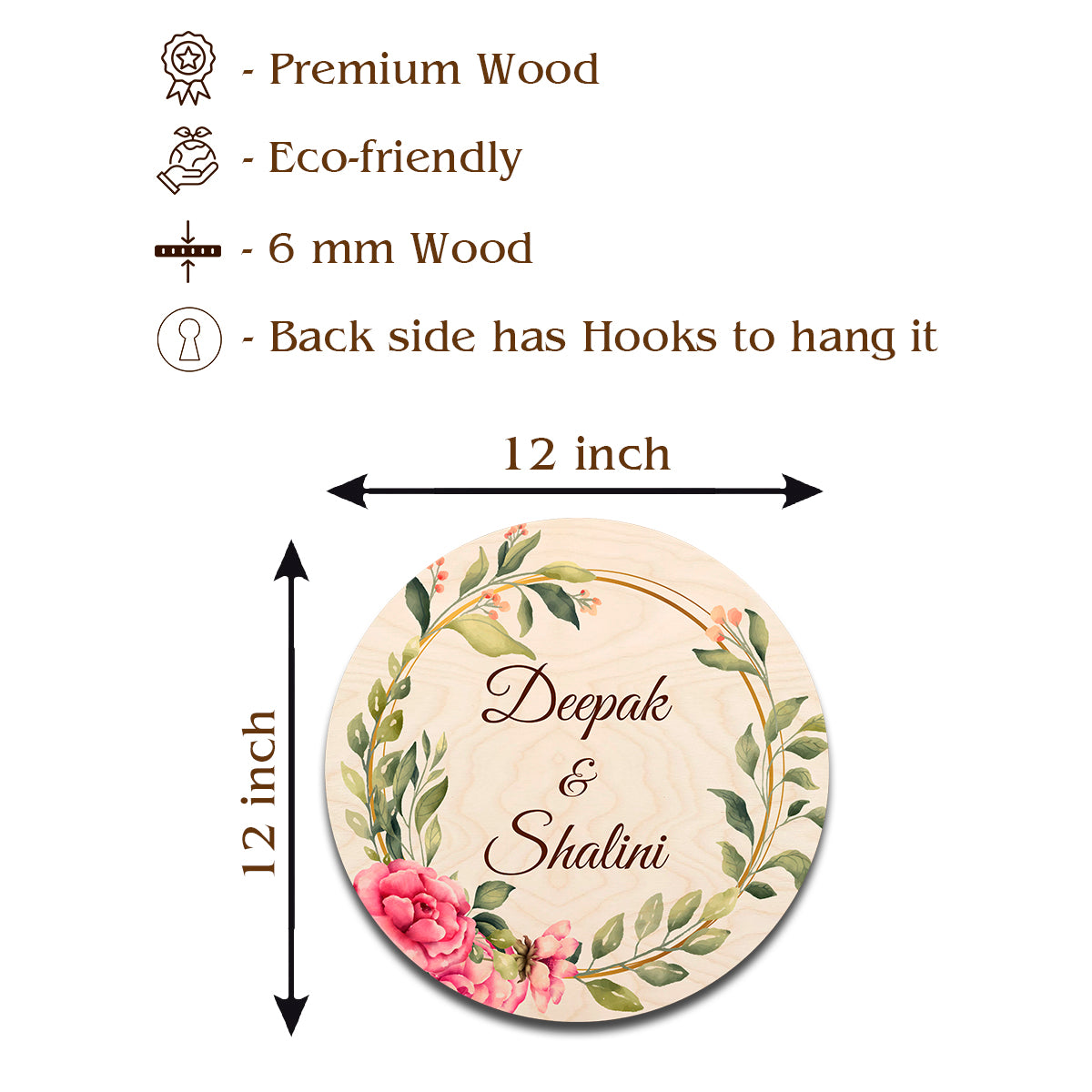 Size guide showing the 12x12 inch scattered bloom couple name plate for a main door