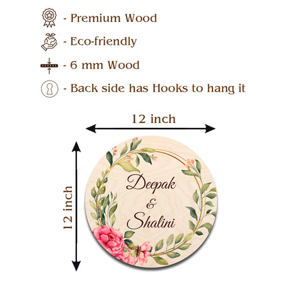 Size guide showing the 12x12 inch scattered bloom couple name plate for a main door