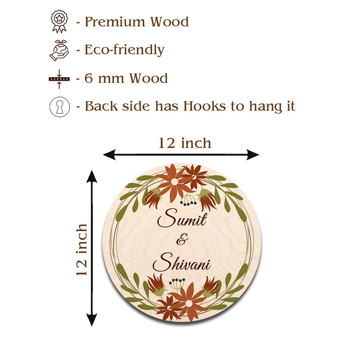 Size guide for floral round name board – 12x12 inch cream birch options